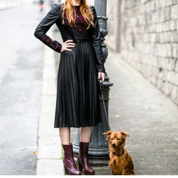 Navy Blue leather Dress with Red Embroidery - Picture 3 of 7